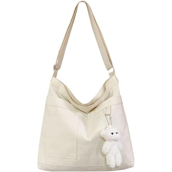 Cotton Canvas Tote Bag Large Shoulder Bag Hobo Crossbody Handbag with Pockets - Picture 1 of 8
